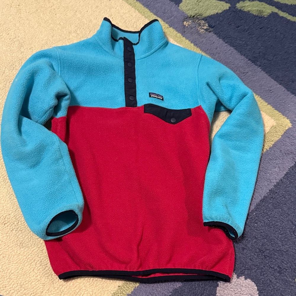 Patagonia Light Blue and Red Fleece Jacket